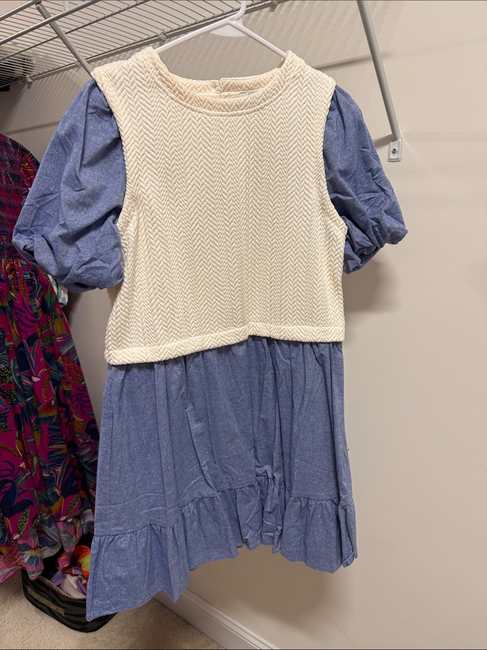 Cream Knit Vest Over Blue Puff-Sleeve Casual Dress